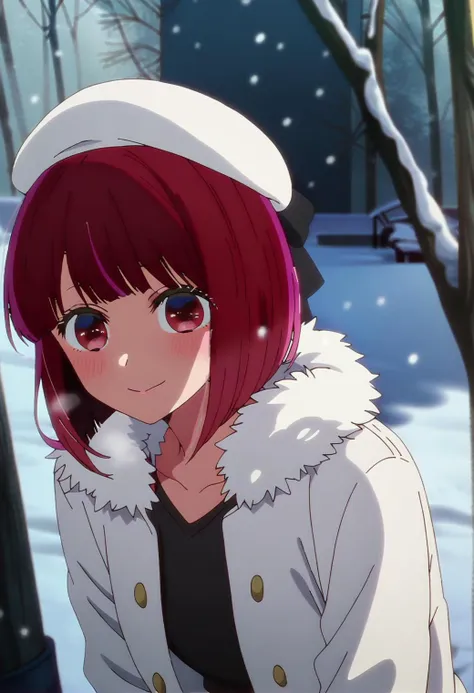 <lora:arimakana_ponyxl_v4:1>, 1girl, arimakana, white hat, beret, fur jacket, fur trim, white jacket, looking at viewer, blush, light smile, bare tree, snow, snowing, dutch angle, sitting, against tree, breath, steam,
BREAK
score_9, score_8_up, score_7_up, score_6_up, anime, screencap