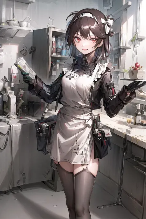 ( best quality ),( masterpiece ),looking at viewer ,standing,  1girl,solo,solo focus,  ( beautiful woman ),( idol ),(detailed embroidery:1.4), blue shirt, hairband,(white apron:1.3),  black thighhighs, red eyes,smile,  ( shiny:1.4) skin with ( lvory white color ) by ( Oil highlights )[ wet with oil:0.3],indoors,kitchen,plate, (holding plate:1.5), food,ultra-detailed , illustration ,( an extremely delicate and beautiful ), extremely detailed CG unity 8k wallpaper ,