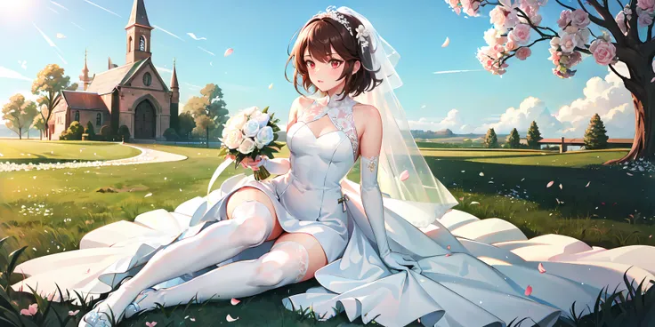 masterpiece,best quality,ultra detailed, (detailed drawn hands), 1girl , solo , solo focus , full body ,(white wedding dress:1.5),(long dress),bridal veil, white thighhighs, white high heels, elbow gloves , red eyes, brown hair , short hair,floating hair, outdoors,(on grass:1.2), blue sky, tree,flower,church,sitting,