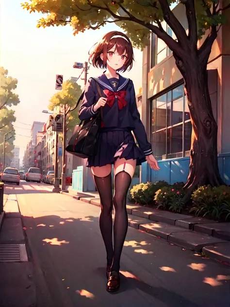 masterpiece,best quality,illustration ,1girl , solo , solo focus,full body, red eyes, brown hair , (short hair),black thighhighs, (school uniform:1.5) ,outdoors, school in background,tree,