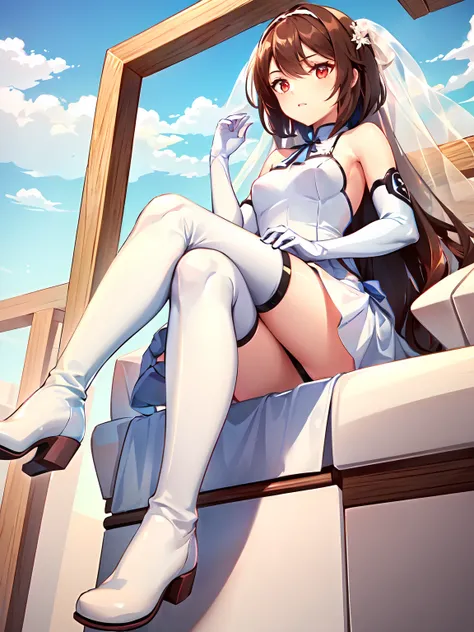 masterpiece,best quality,ultra detailed,1girl , solo , solo focus , full body ,( from forward down ),( pantyshot :1.3), thigh focus ,looking at viewer ,( looking down:1.4),( crossed legs :1.3),(( Sitting highly on her throne:1.5)),( reclining:1.3),( spread legs:1),( leg up :1.2), floating hair ,( looking down :1.4), (detailed drawn hands), (white wedding dress:1.5),(long dress),bridal veil,(white thigh boots:1.3),thighhighs, (thigh high boots), elbow gloves , red eyes, brown hair , short hair,floating hair, outdoors, blue sky,