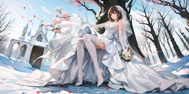 masterpiece,best quality,1girl , solo , solo focus , full body , red eyes, brown hair , short hair, (white wedding dress:1.5) , (bridal veil , hair flower:1.2), white high heels,white thighhighs, elbow gloves,outdoors,on grass,tree,blue sky, church,