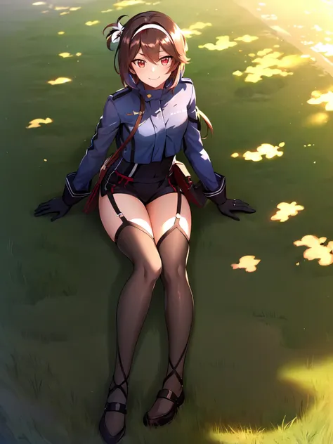 ((masterpiece,best quality)),1girl, solo,red eyes, brown hair, black thighhighs, hairband,black gloves,side ponytail, looking at viewer, grass, smile, outdoors, bangs, on ground, full body, sunlight, dappled sunlight, day, depth of field,