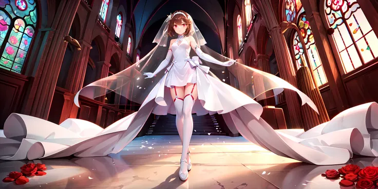 masterpiece,best quality,ultra detailed, 1girl , solo , solo focus , full body , red eyes, brown hair , (short hair), floating hair, (white wedding dress:1.5) , bridal veil , white veil , hair flower,white high heels,white thighhighs,detailed drawn hands, elbow gloves,indoors, church,