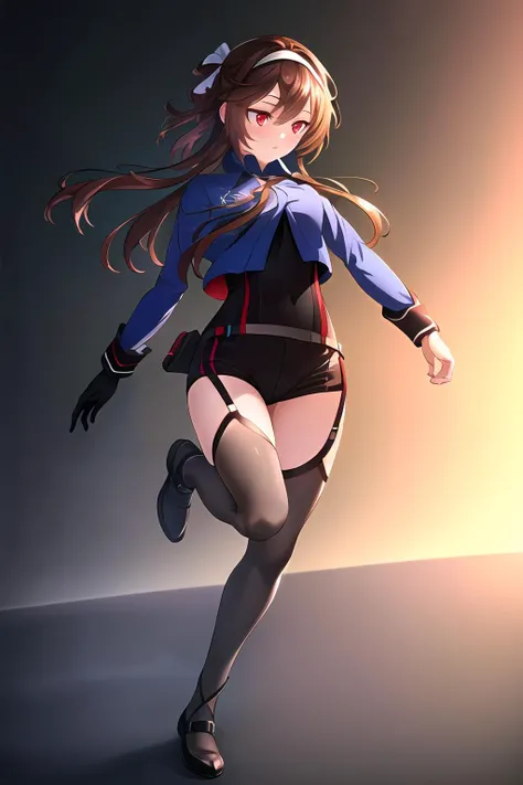 ((masterpiece,best quality)),1girl, solo,solo focus,full body, ultra-detailed ,( beautiful woman ),(idol), extremely detailed CG unity 8k wallpaper,red eyes, brown hair ,floating hair, blue shirt, black thighhighs,black blackground,