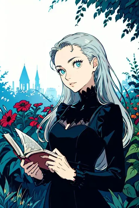 flat color, (best quality, masterpiece:1.3),1girl,solo,
black dress, silver hair, bright pupils, long hair, hair slicked back, noble, elegant, relaxed ,
looking to the side, reading book,
in the garden, <lora:STYLE_soejima_shigenori:0.5>