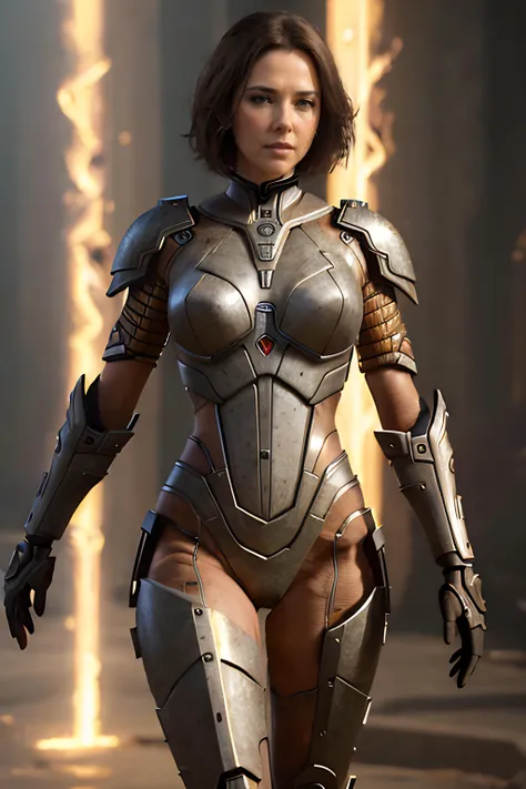 extremely photorealistic, stunning woman, realistic skin textures, straight dark brunette bobbed hair, Ancient Power, Risqué scene, Biomechanical Forge, detailed background