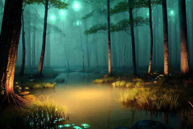 extremely photorealistic, Hockomock Swamp, peculiar lighting, peculiar sightings, bioluminescence