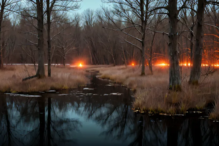 extremely photorealistic, bleak desolate Hockomock Swamp, winter weather, peculiar lighting, peculiar sightings, bioluminescence