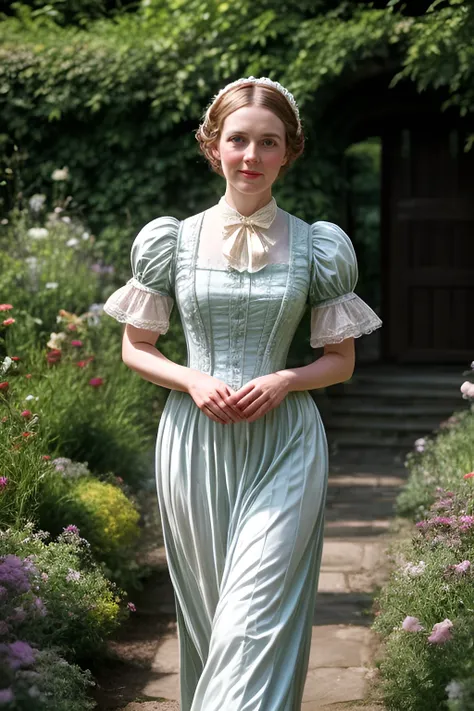 a close portrait of a dignified Victorian woman strolling in a well-lit Victorian summer garden, radiant cinematic photo, 35mm photograph, film, professional, 4k, highly detailed