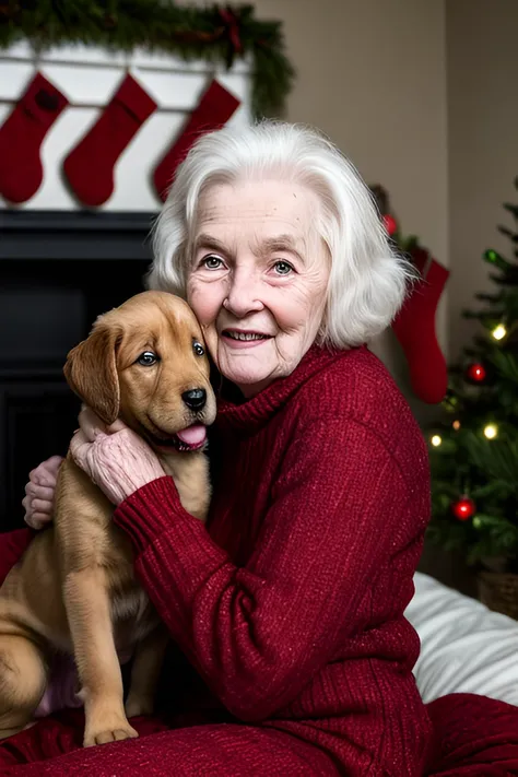 She was always young at heart Kind a dumb and kind a smart and I loved her so I surprised her with a puppy Kept me up all Christmas Eve two years ago cinematic photo, 35mm photograph, film, professional, 4k, highly detailed