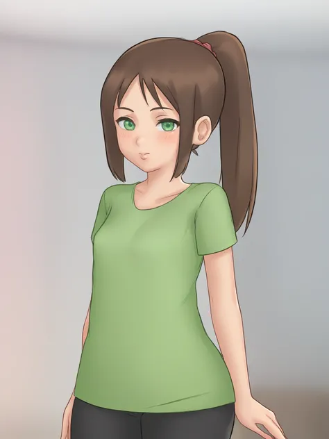 <lora:SumTim:1>, (cartoon:1.2), 1girl, solo, (Flat Chest:1.1), standing, blush, (Brown Hair:1.0), (Green Eyes:1.0), (Ponytail:1.0)