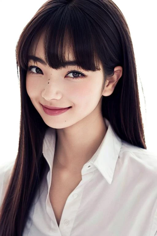nanakomatsureal, masterpiece, best quality, ultra high res, beautiful detailed eyes, 1 girl, dslr, looking at viewer, smile, standing, black eyes, black hair, long hair, medium breasts, white shirt, ((white background)), <lora:nanakomatsulora:1>,