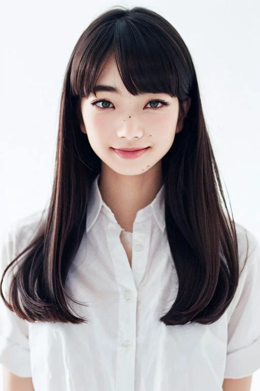 nanakomatsureal, masterpiece, best quality, beautiful detailed eyes, 1 girl, dslr, looking at viewer, smile, upper body, black eyes, black hair, medium hair, medium breasts, white shirt, ((white background)), <lora:nanakomatsulora:1>,