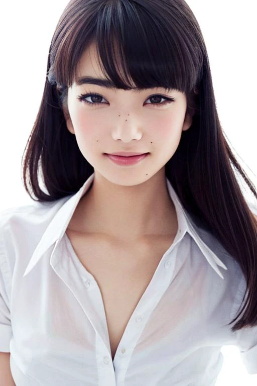 nanakomatsureal, masterpiece, best quality, ultra high res, beautiful detailed eyes, 1 girl, dslr, looking at viewer, smile, upper body, black eyes, black hair, long hair, medium breasts, white shirt, ((white background)), <lora:nanakomatsulora:1>,