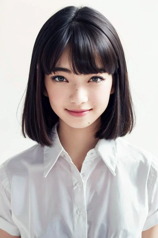 nanakomatsureal, masterpiece, best quality, ultra high res, beautiful detailed eyes, 1 girl, dslr, looking at viewer, smile, upper body, black eyes, black hair, medium hair, medium breasts, white shirt, ((white background)), <lora:nanakomatsulora:1>,