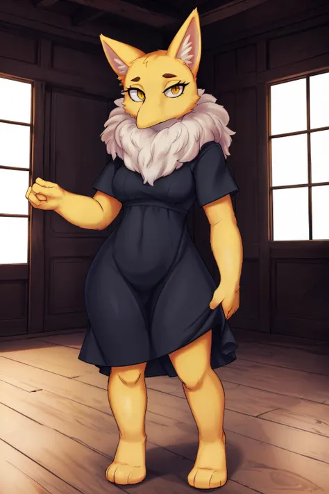 (Realisitc:1.5),(masterpiece, best quality:1.2), tall, female, dress, full body, house, standing, looking at viewer, hypno, anthro, yellow body, pointed ears, long nose, white fur, slit pupils <lora:add_detail:0.5> <lora:hypno_AT3:0.8>
