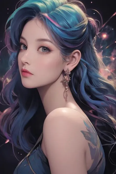 fairy, multicolored hair, detailed background, nebula, intricate details, realism, (perfect face: 1.2)