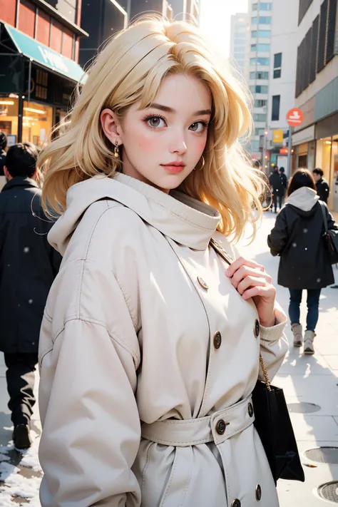 masterpiece, best quality, 1girl, shiny skin, cinematic lighting, medium breasts, looking at viewer, messy hair, blonde hair, yellow eyes, solo, autumn, outdoors, smile, blush, winter,  ribbed, walking, city, shopping, dynamic angle, close-up, ultra-detailed, 8k, rtx, ambient occlusion, rim lighting, bustling,a fashion influencer,instagram,winter outfit,snowy,winter,cold,Muffler