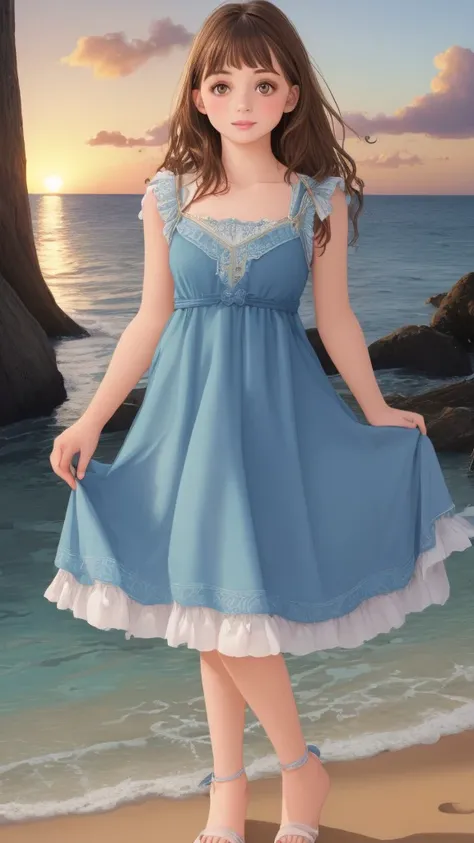 duckerica 1girl solo beautiful face realistic long hair brown hair brown eyes full body cshy cyan dress <lora:DuckErica:0.5> <lora:Dress No.5 V2.4 cshy-000008:0.5> BREAK beach sunset