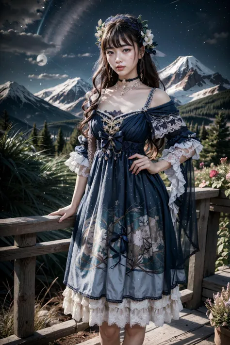 (realistic:1.3), finely detailed, quality, rembrandt lighting, (masterpiece:1.2), (photorealistic:1.2), (best quality), (detailed skin:1.3), (intricate details), dramatic, ray tracing, 1girl, japanese girl, 21 years old, detailed skin texture, (blush:0.5), (goosebumps:0.5), subsurface scattering, smiling, medium breasts, long hair curls, bangs, hair between eyes, hair ornament, veil, choker, ribbon, bow, blue dress, long dress, lace, frills, long sleeves, see-through, bzyyzg \(manaka nemu\), lace socks, high heels, cowboy shot, (arms at side:1.2), (night, night sky, outdoors, garden, flowers, mountains far away), <lora:Dress No.2 V3 bzyyzg:0.8>