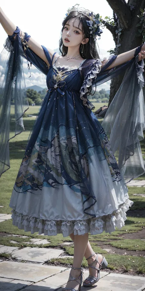 best quality, ultra high res, (photorealistic:1.4), masterpiece, highres, original, extremely detailed wallpaper,
lawn, sky,
1girl, solo, bzyyzg \(manaka nemu\), blue dress,
full body, arms around neck,