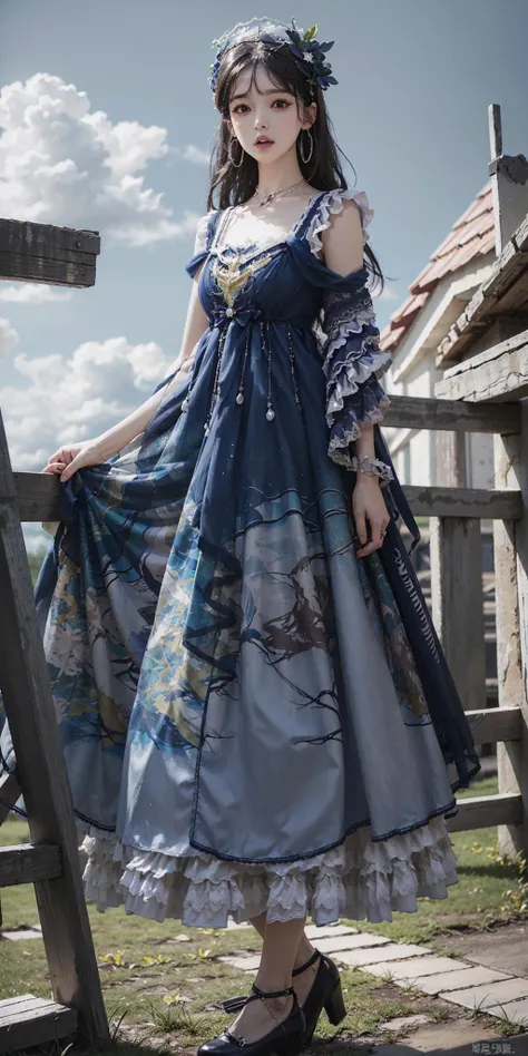 best quality, ultra high res, (photorealistic:1.4), masterpiece, highres, original, extremely detailed wallpaper,
lawn, sky,
1girl, solo, bzyyzg \(manaka nemu\), blue dress,
full body, carrying under arm,