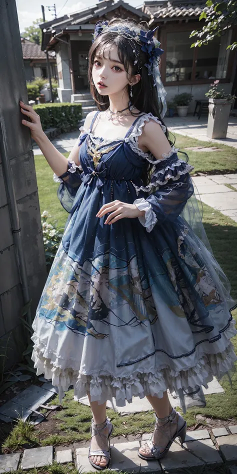 best quality, ultra high res, (photorealistic:1.4), masterpiece, highres, original, extremely detailed wallpaper,
lawn, sky,
1girl, solo, bzyyzg \(manaka nemu\), blue dress,
full body, leaning to the side,