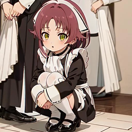 <lora:aisha_greyrat:1>, standing, age 11 child, aisha_greyrat, long maid outfit, black shoes, whole body, solo long sleeves, long black dress past knee, white tights, squatting, looking at viewer,
indoor, front view,