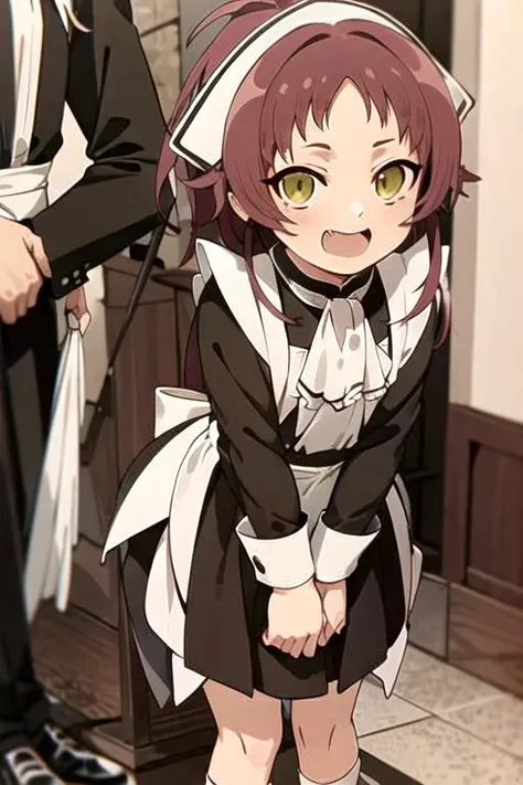1 girl ,<lora:char-aisha_greyrat:1>, smug , standing, age 11 child, aisha_greyrat, long maid outfit, black shoes , whole body, solo long sleeves , long black dress past knee, white tights