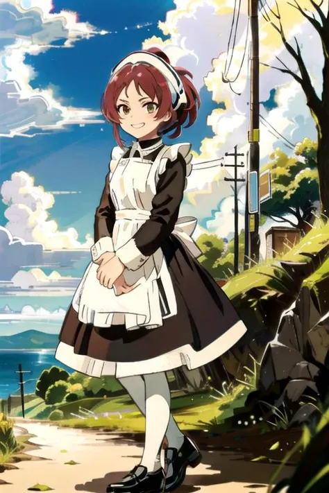 1 girl ,<lora:char-aisha_greyrat:1>, smug , standing, age 11 child, aisha_greyrat, long maid outfit, black shoes , whole body, solo long sleeves , long black dress past knee, white tights
