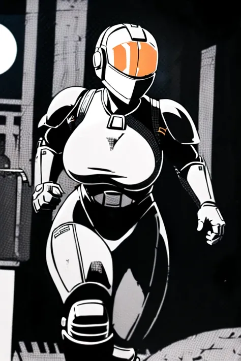 chinese stealth suit, 1girl, solo, armor, faceless, helmet, bodysuit, science fiction, skin tight, standing, large breasts, pose, night, moonlight, ((running)), motion lines, large breasts, upper body, portrait, <lora:chineseStealthSuit_v3 (1):1>, b&w. outline, <lora:alloldrpgarts11990s_alloldrpgarts11990sV1:1>