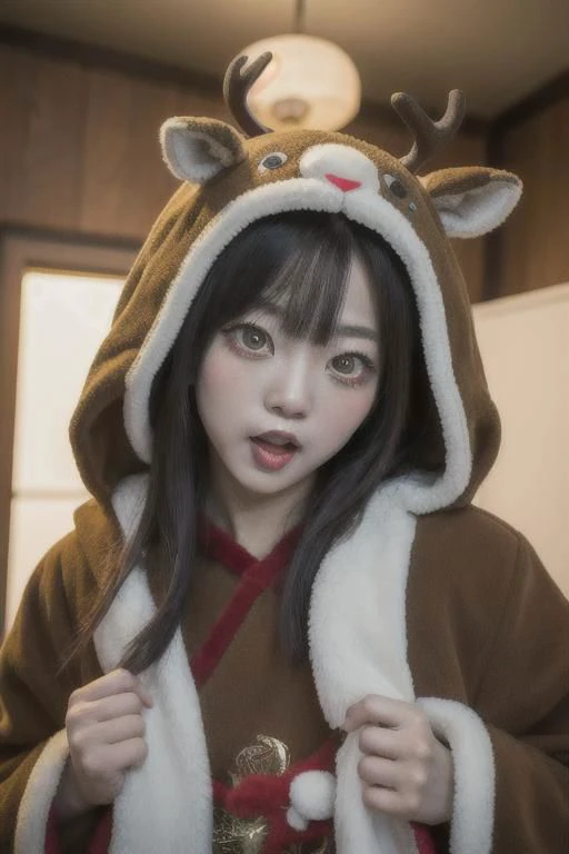 masterpiece, (Best quality:1.2), highres, (scenary), reindeer costume, hood up, open mouth, <lora:hutao1-000009:1>, hutaodef, hutao in reindeer costume, (red eyes:1.3) /(hutaodef/),