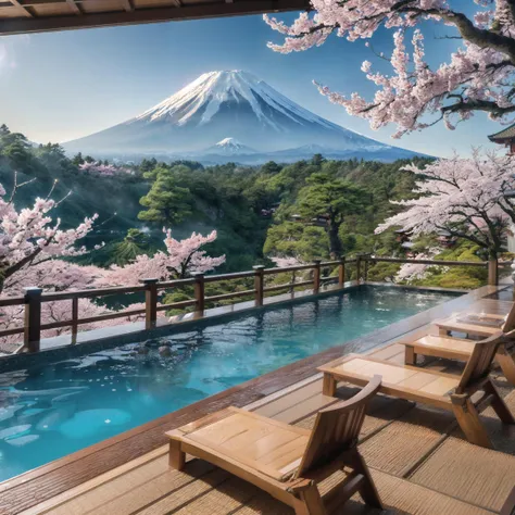 Landscape photo of Mount Fuji, Japan, view from onsen hot spring balcony, sakura trees,
(realistic, masterpiece, best quality, ultra-detailed, intricate details, extremely detailed),
2k, 4k, 8k, dslr, photography, physically based rendering, ray-tracing, global illumination