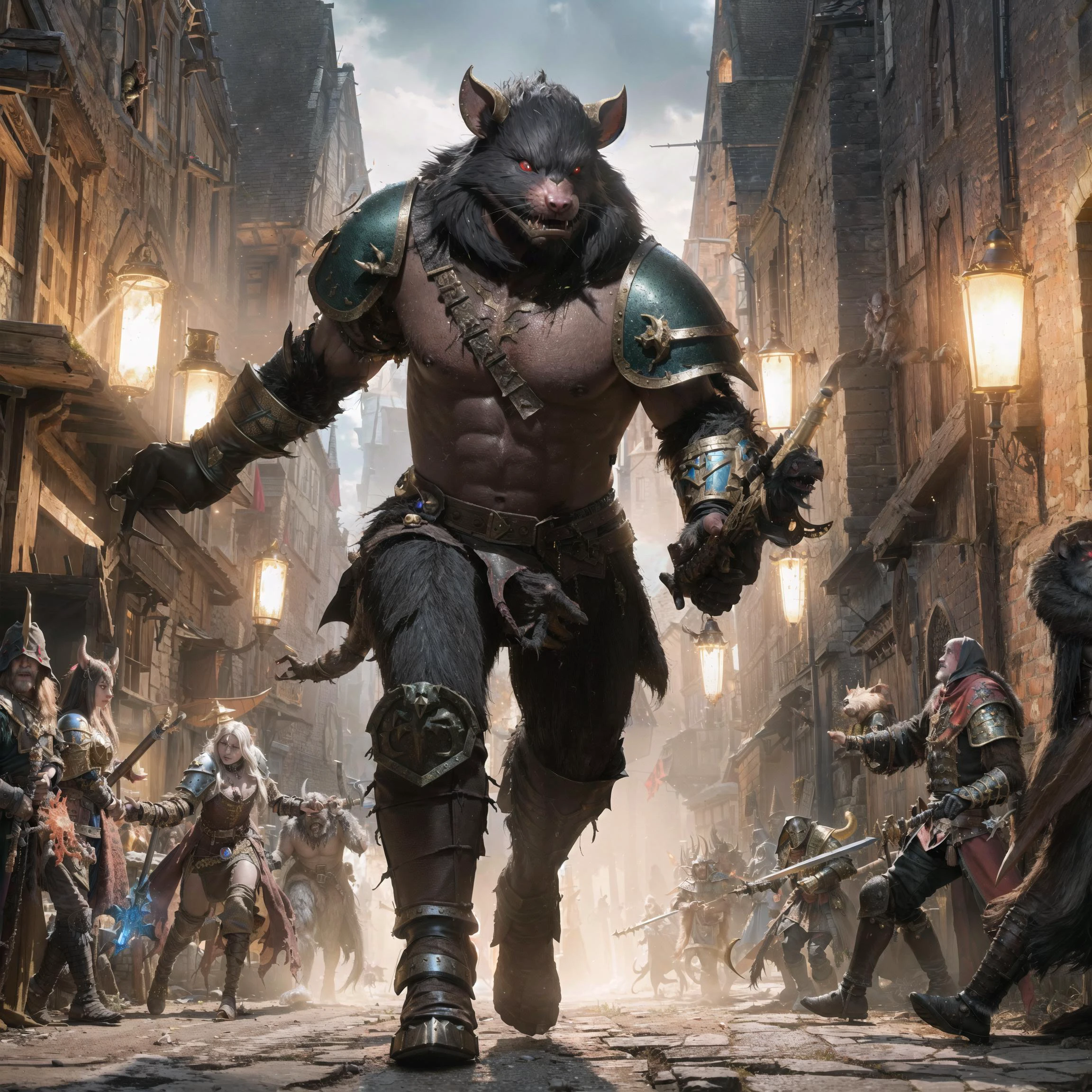 warhammer fantasy battles, warhammer end times vermintide, skaven, grimdark, dark fantasy, horror,
potrait photo of male humanoid rat with weapon, fur, furry, wererat, monster, armor, in medieval middle earth town street, (full body:1.3),
light particles, town fantasy, (crowd:1.1),
(realistic, masterpiece, best quality, ultra-detailed, intricate details, extremely detailed),
2k, 4k, 8k, dslr, photography, physically based rendering, ray-tracing, global illumination