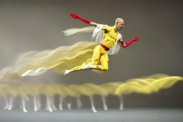 Highly detailed, High Quality, Masterpiece, beautiful, motion trail, MotionTrail:1.15, running, <lora:MotionTrail:1.15>, 1man, yellow tight suit, (white cape, red gloves), belt, bald, saitama , jumping sideway, Low shutter, solo, look at viewer