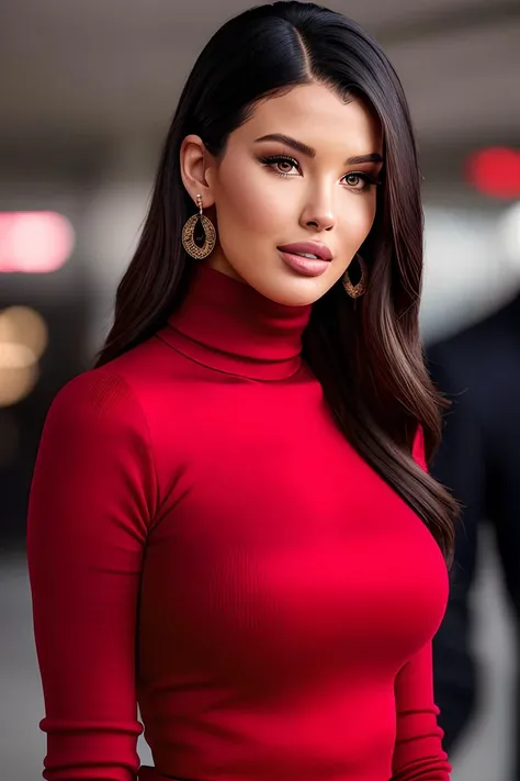 photo of beautiful (l1zamakhu:0.99), a woman as a TikTok celebrity, (elegant red turtleneck top:1.2), at the airport, suitcase, dark moody ambience (masterpiece:1.2) (photorealistic:1.2) (bokeh) (best quality) (detailed skin:1.2) (intricate details) (detailed eyes) (8k) (HDR) (cinematic lighting) (sharp focus), ((looking at the camera:1.2)), earrings. (smile512), ((hand on her chest:1.2))