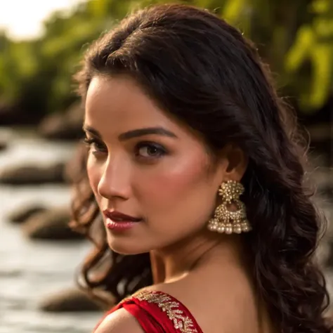 No-one33 a woman, she is wearing red sari, jewelry, standing near a river, modelshoot style, extremely detailed CG unity 8k wallpaper, 8k uhd, dslr, soft lighting, high quality, film grain, Fujifilm XT, ((realistic)), ((dark skin))
