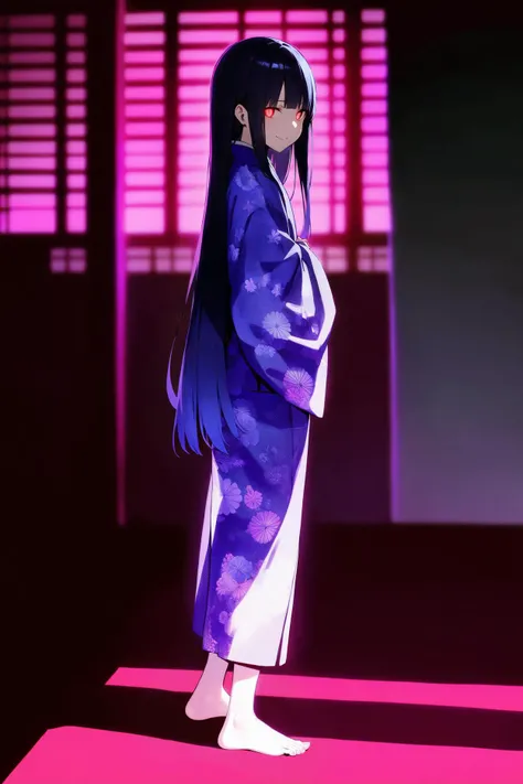 1girl,solo,long hair,long legs,purple Yukata,floral patern cloth design,looking to side,shrine charm,barefoot,dark blue hair,furisode,tareme,straight hair,long bangs,long sleeves,full body,colored tips,evil smile,multicolored hair,sidelocks,toenails,shadow,closed mouth,toes,glowing red eye,
best quality,masterpiece,absurdres,purple hue filter,