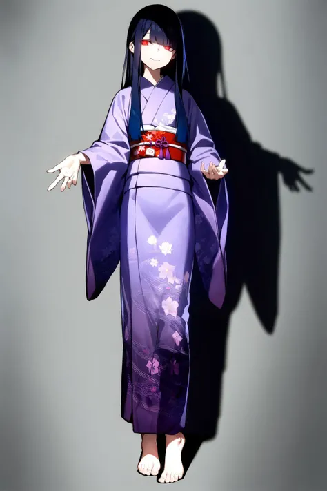 1girl,
solo,long hair,long legs,purple Yukata,floral patern cloth design,looking to side,shrine charm,barefoot,dark blue hair,furisode,tareme,straight hair,long bangs,long sleeves,full body,colored tips,evil smile,multicolored hair,sidelocks,toenails,shadow,closed mouth,toes,glowing red eye,tiptoes,reaching high,hair over eyes,
best quality,masterpiece,absurdres,purple hue filter,