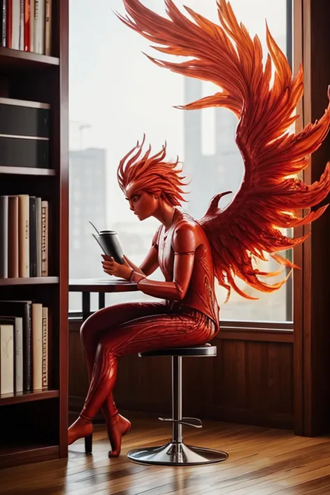 ((a humanoid phoenix)), 1nonbinary, solo
coffee shop background, books, cup of coffee