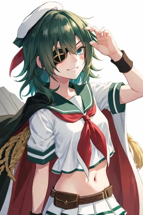 best quality, masterpiece, highres, solo, {kiso_kantaicollection:1.15}, green_hair, eyepatch, green_eyes, short_hair, serafuku, hat, cape, smile, 1girl, blue_eyes, school_uniform, looking_at_viewer, hand_on_headwear, long_hair