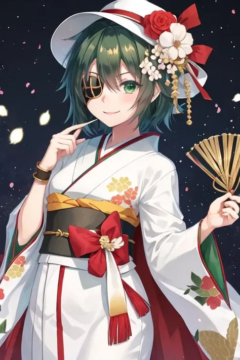 best quality, masterpiece, highres, solo, {kiso_kantaicollection:1.15}, green_hair, eyepatch, green_eyes, short_hair, serafuku, hat, cape, smile, 1girl, alternate_costume, floral_print, flower, hair_between_eyes, hair_flower, hair_ornament, japanese_clothes, kimono, looking_at_viewer, upper_body, happy_new_year, new_year, wide_sleeves