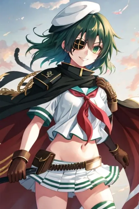 garota anime com espada e roupa verde na praia perto do oceano, raposa, Makoto, kantai collection style, raposa nobushi segurando uma naginata, she is holding a sword, garota de anime desonestos, raposa nobushi, com espada grande, Arte Oficial, tou, sbikini + equipamento militar esfarrapado, Vencedor do concurso Pixiv, Estilo Makoto Shinkai