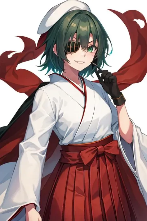 best quality, masterpiece, highres, solo, {white kimono:1.35}, {red hakama:1.35}, {wide sleeves:1.20}, {kiso_kantaicollection:1.15}, green_hair, eyepatch, green_eyes, short_hair, serafuku, hat, cape, smile