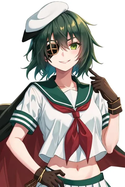 best quality, masterpiece, highres, solo, {kiso_kantaicollection:1.15}, green_hair, eyepatch, green_eyes, short_hair, serafuku, hat, cape, smile, 1girl, heterochromia, no_eyepatch, school_uniform, upper_body, looking_at_viewer, sailor_collar, simple_background, white_background, yellow_eyes, green_sailor_collar, neckerchief, red_neckerchief, dated