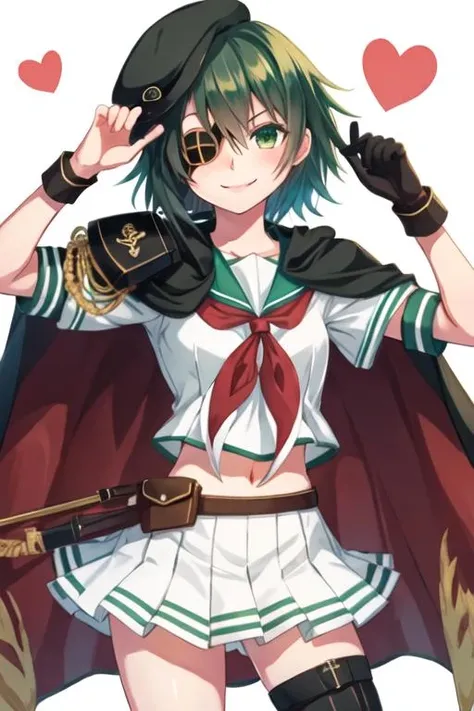 best quality, masterpiece, highres, solo, {kiso_kantaicollection:1.15}, green_hair, eyepatch, green_eyes, short_hair, serafuku, hat, cape, smile