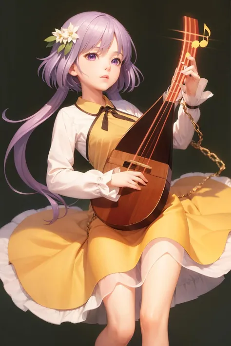 masterpiece, best quality, <lora:TsukumoBenben:1>,tsukumo benben, purple hair, hair ornament,long hair, flower,purple eyes, twintails, long sleeves, dress,chain,lute \(instrument\), biwa lute, musical note, eighth note, grey background,