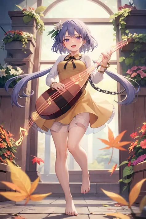 masterpiece, best quality, <lora:TsukumoBenben:1>,1girl, lute (instrument), biwa lute, tsukumo benben, solo, purple eyes, hair ornament, instrument, musical note, flower, purple hair, long hair, hair flower, dress, chain, leaf, barefoot, twintails, staff (music), open mouth, very long hair, beamed eighth notes, smile, eighth note, looking at viewer, music, quarter note, ribbon, long sleeves, playing instrument, jewelry, treble clef, frills, brown dress, full body, beamed sixteenth notes, low twintails, autumn leaves, bracelet
