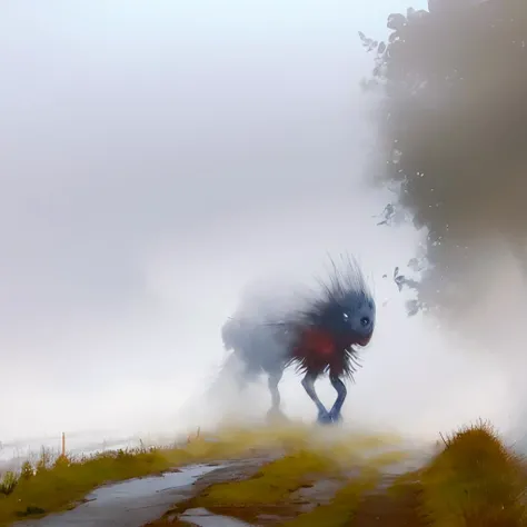 <lora:trevor henderson:1> trevor henderson, creature, morning mist, in village